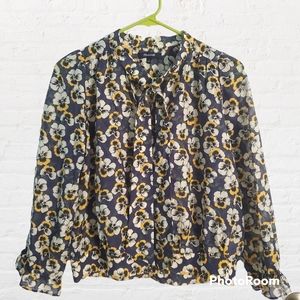 Madewell silk cotton blend sheer ruffle sleeve tie-neck top viola floral, size M